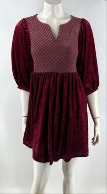 Hayden Womens Velour Dress Size Medium Red Bubble Half Sleeve Split Neck Flowy